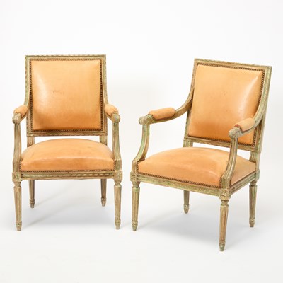 Lot 267 - Pair of Louis XVI Leather Upholstered Painted Wood Fauteuils