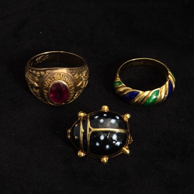 Lot 216 - Group of Gold, Low Karat Gold, Enamel and Synthetic Ruby Jewelry