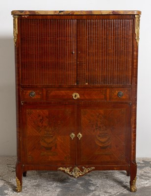 Lot 124 - Marble Top Marquetry Secretary Chest with Brass Mounts