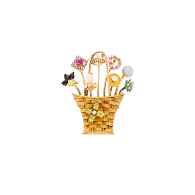 Lot 1132 - Gold, Gem-Set, Pearl and Diamond Stick Pin Basket Brooch