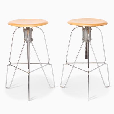 Lot 442 - Pair of Jeff Covey for Herman Miller Chromed Steel and Maple Plywood “Model 6” Stools