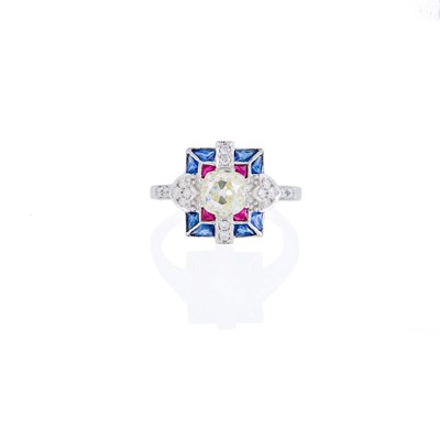 Lot 1112 - White Gold, Diamond, Ruby and Sapphire Ring