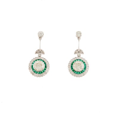 Lot 194 - Pair of White Gold, Platinum, Diamond and Emerald Pendant-Earrings
