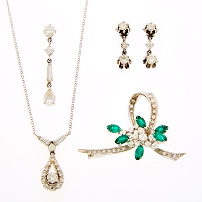 Lot 1223 - White Gold, Simulated Emerald and Diamond Brooch, Pair of Platinum and Diamond Pendant-Earrings, Single Earring and Necklace