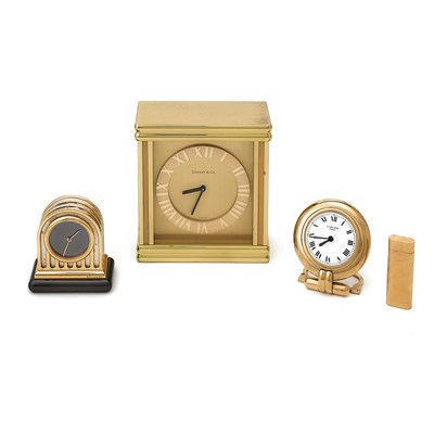 Lot 3239 - Cartier Art Deco Style Gilt-Metal Desk Clock and Swiss Made Gilt-Metal Cigarette Lighter