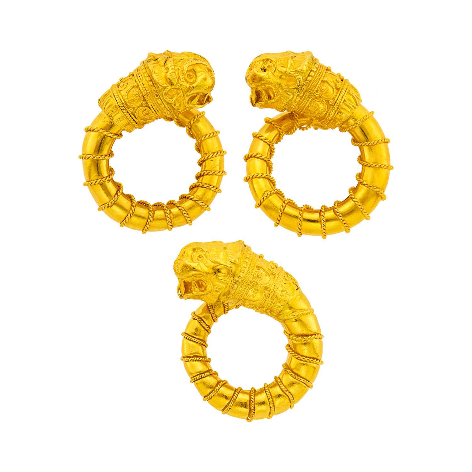 Lot 19 - Pair of High Karat Gold Coiled Chimera Earclips and Pin