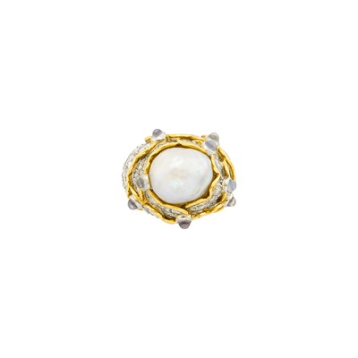 Lot 130 - Gold, Platinum, Baroque Cultured Pearl, Diamond and Moonstone Dome Ring