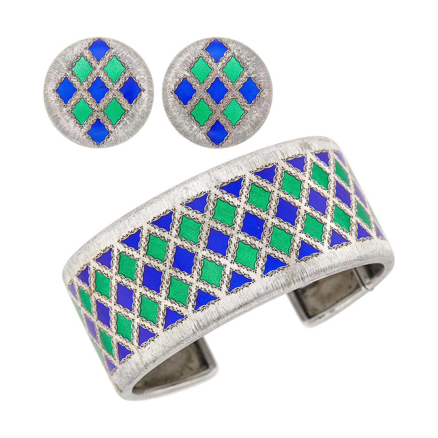 Lot 56 - Gianmaria Buccellati Silver and Blue and Green Enamel Cuff Bangle Bracelet and Pair of Button Earclips