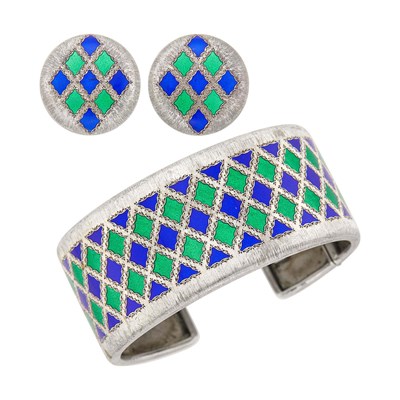 Lot 56 - Gianmaria Buccellati Silver and Blue and Green Enamel Cuff Bangle Bracelet and Pair of Button Earclips