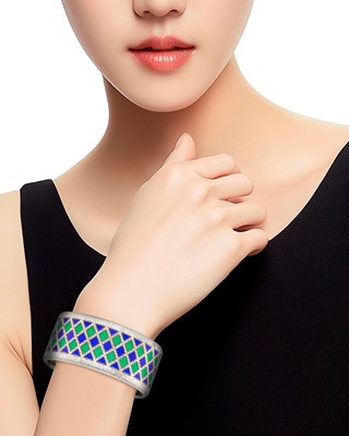 Lot 56 - Gianmaria Buccellati Silver and Blue and Green Enamel Cuff Bangle Bracelet and Pair of Button Earclips