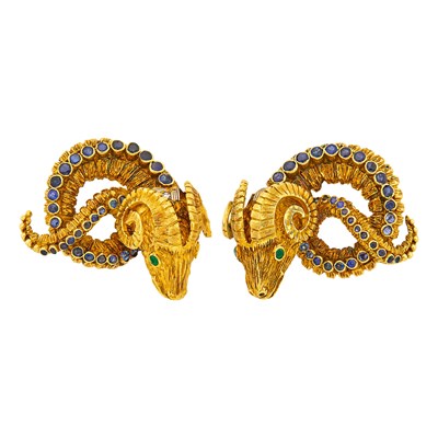 Lot 144 - Ilias Lalaounis Pair of Gold and Gem-Set Ram's Head Earclips