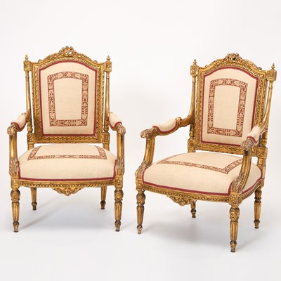 Lot 396 - Pair of Napoleon III Carved Giltwood Fauteuils a la Reine