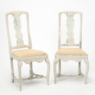 Lot 285 - Pair of Gustavian Heavily Distressed White Painted Side Chairs