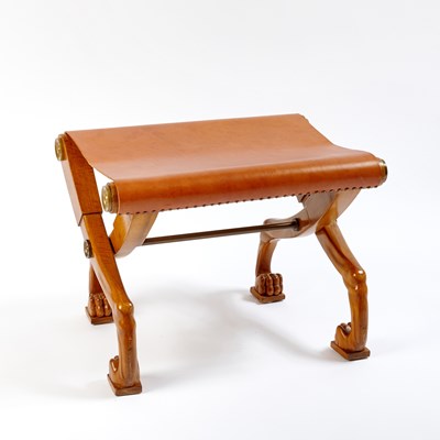 Lot T.H. Robsjohn-Gibbings Walnut, Leather and Brass "Diphros" Cross-Leg Stool