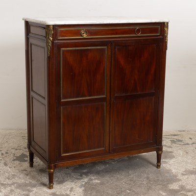 Lot 201 - Louis XVI Style Mahogany Brass Mounted Marble Top Cabinet