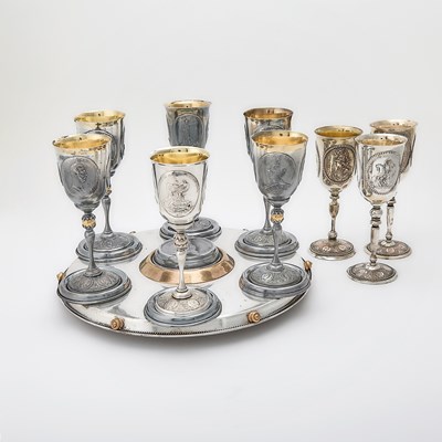 Lot 89 - Assembled Set of Nine Russian Silver Plated Goblets and a Tray