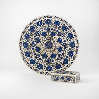 Lot 302 - Near Eastern Lapis Lazuli and Mother-of-Pear Inlaid Marble Circular Tray and Trinket Box and Cover