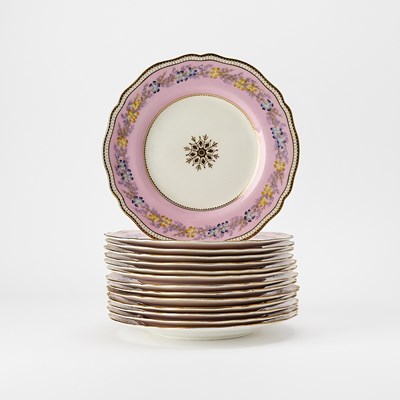 Lot 182 - Set of Fourteen Copeland Pink-Ground Floral Dessert Plates
