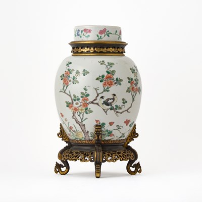 Lot 103 - Chinese Famille Verte Bronze Mounted Porcelain Covered Jar