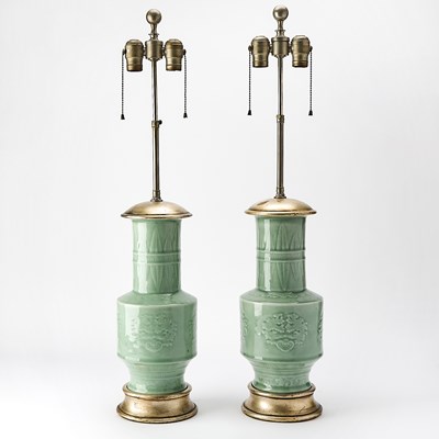 Lot 105 - Pair of Chinese Celadon Glazed Porcelain Vases Mounted as Table Lamps