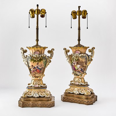 Lot 294 - Pair of French Gilt and Hand-Painted Porcelain Two-Handled Table Lamps