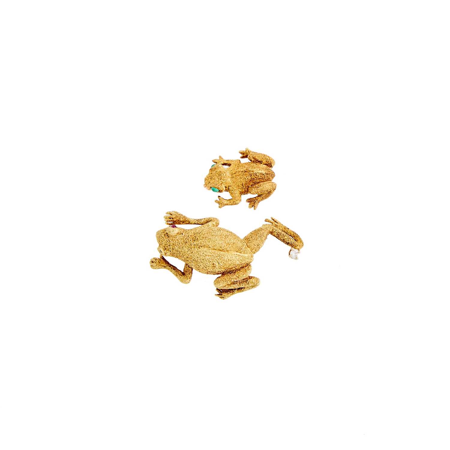 Lot 1070 - Two Gold, Diamond, Ruby and Green Onyx Frog Brooches