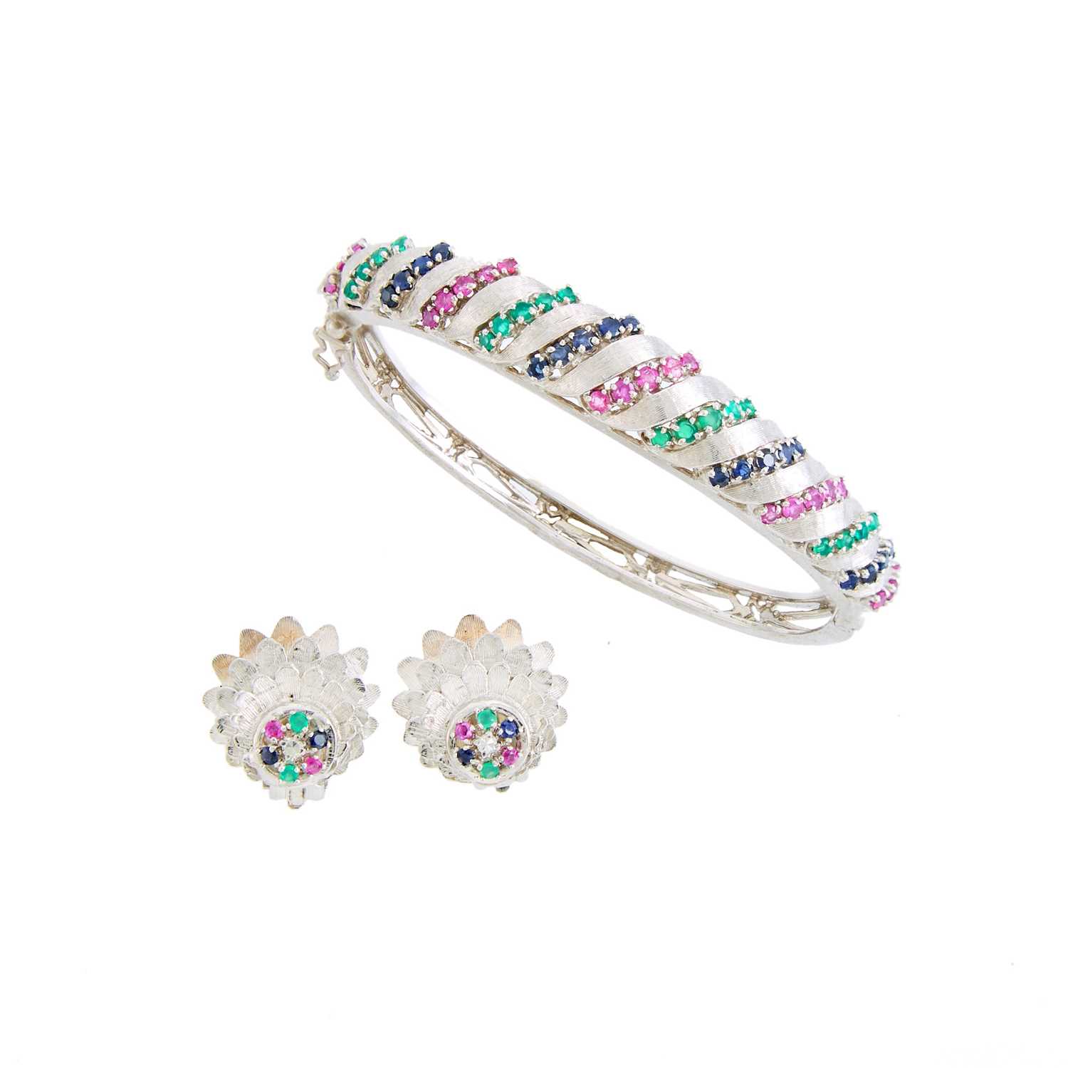 Lot 1094 - White Gold, Sapphire, Ruby and Green Onyx Bangle Bracelet and Pair of Earrings