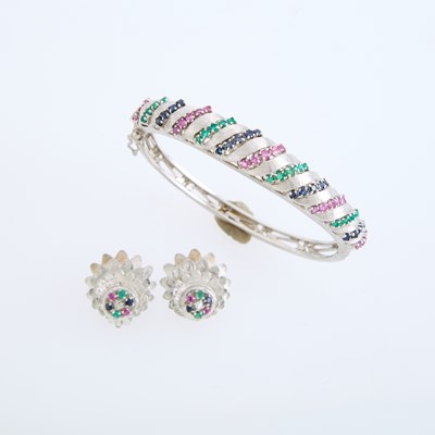 Lot 1094 - White Gold, Sapphire, Ruby and Green Onyx Bangle Bracelet and Pair of Earrings