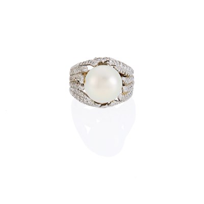 Lot 1097 - Platinum, Cultured Pearl and Diamond Ring