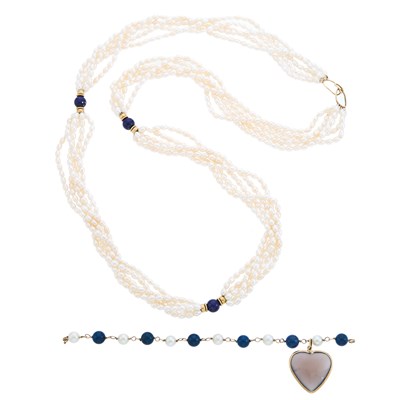 Lot 1178 - Multistrand Freshwater Pearl, Lapis and Gold Bead Necklace and Cultured Pearl, Blue Hardstone and Chalcedony Charm Bracelet