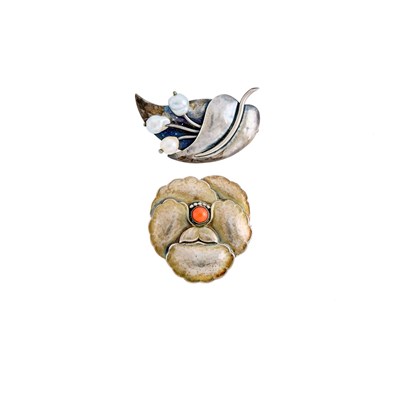 Lot 1217 - Georg Jensen Two Baroque Freshwater Pearl and Coral Brooches