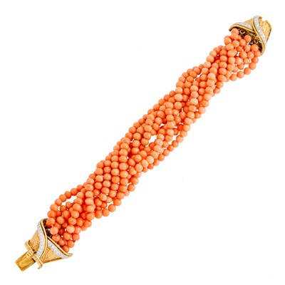 Lot 1053 - Multistrand Coral Bead Bracelet with Two-Color Gold and Diamond Clasp