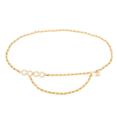 Lot 1230 - Chanel Gilt-Metal, Imitation Pearl and Ribbon 'Coco' Belt