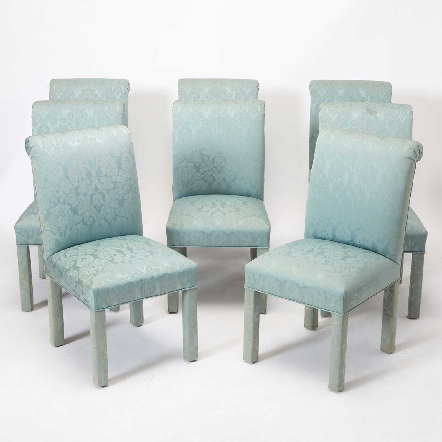 Lot 196 - Set of Eight Blue Silk Damask Upholstered Dining Chairs