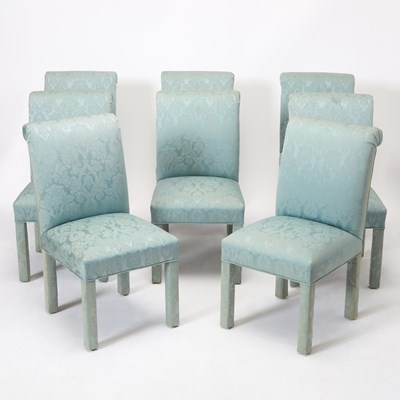 Lot 196 - Set of Eight Blue Silk Damask Upholstered Dining Chairs