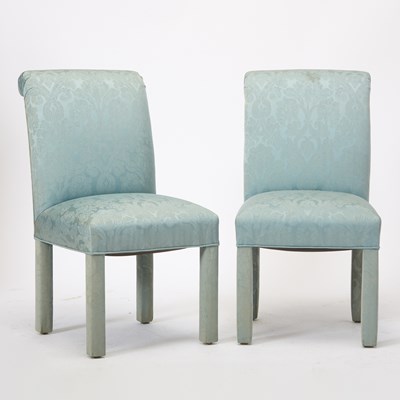 Lot 196 - Set of Eight Blue Silk Damask Upholstered Dining Chairs