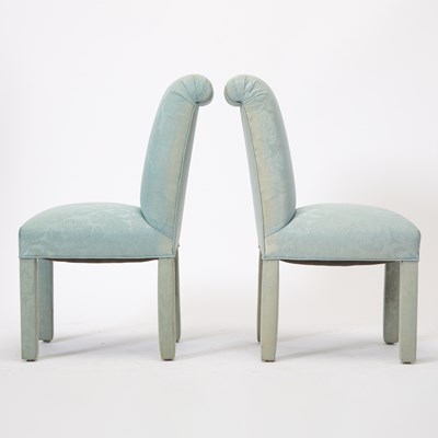 Lot 196 - Set of Eight Blue Silk Damask Upholstered Dining Chairs