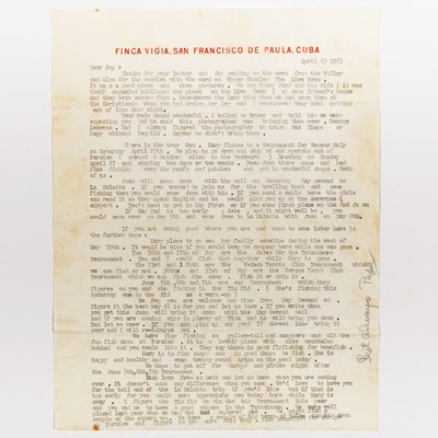 Lot 96 - Ernest Hemingway letter to famed Idaho sporting guide Taylor "Bear Tracks" Williams