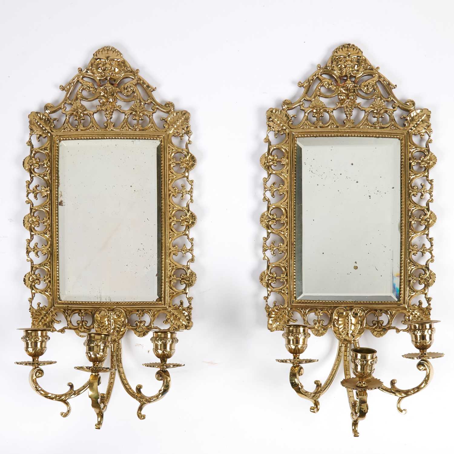 Lot 158 - Pair of Brass Mirrored Three-Light Sconces