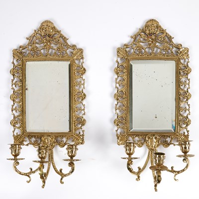 Lot 158 - Pair of Brass Mirrored Three-Light Sconces