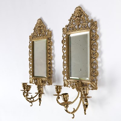 Lot 158 - Pair of Brass Mirrored Three-Light Sconces