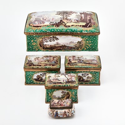 Lot 302 - Five Continental Rococo Style Polychrome Enamel Boxes