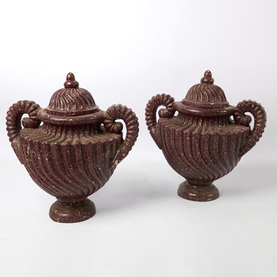 Lot 185 - Pair of Cast Composition Faux Porphyry Two-Handled Urns and Covers