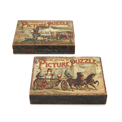 Lot 191 - Two McLoughlin Bros. picture puzzles featuring a fire engine and a locomotive