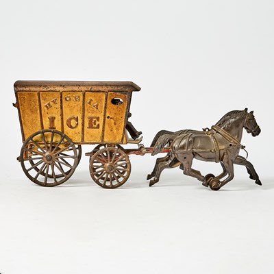 Lot 1221 - Ives Painted Cast Iron “HYGEIA ICE” Horse-drawn Wagon Toy