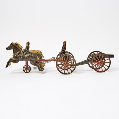 Lot 1210 - Ives Painted Cast Iron Horse-drawn Flying Artillery Caisson Toy