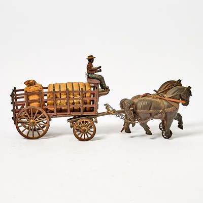 Lot 1230 - Painted Cast Iron Horse-drawn Dray Wagon Toy