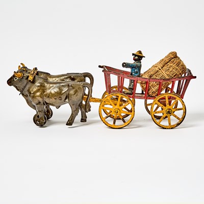 Lot 1222 - Painted Cast Iron Oxen-drawn Hay Wagon Toy