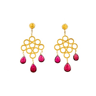 Lot 1151 - Pair of High Karat Gold and Garnet Pendant-Earrings