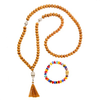 Lot 1228 - Luis Morias Long Wood Bead, White Gold and Diamond Skull Tassel Necklace and Multicolored Glass Bead and Gold Skull Bracelet